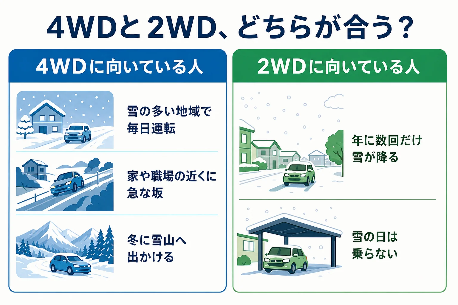 住んでいる地域と走る道から、4WDと2WDのどちらが合うかを考える図解
