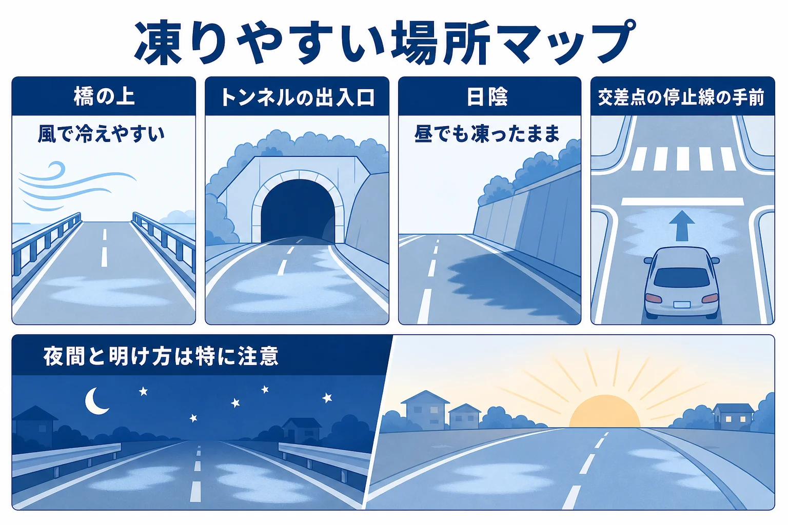 凍りやすい場所と時間帯を地図のように並べた図解