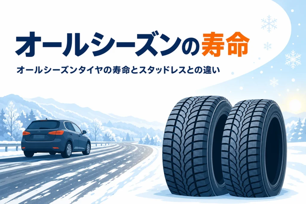 うっすら雪が残る道を走る乗用車と2本のタイヤ、オールシーズンタイヤの寿命とスタッドレスとの違いを紹介する記事タイトル