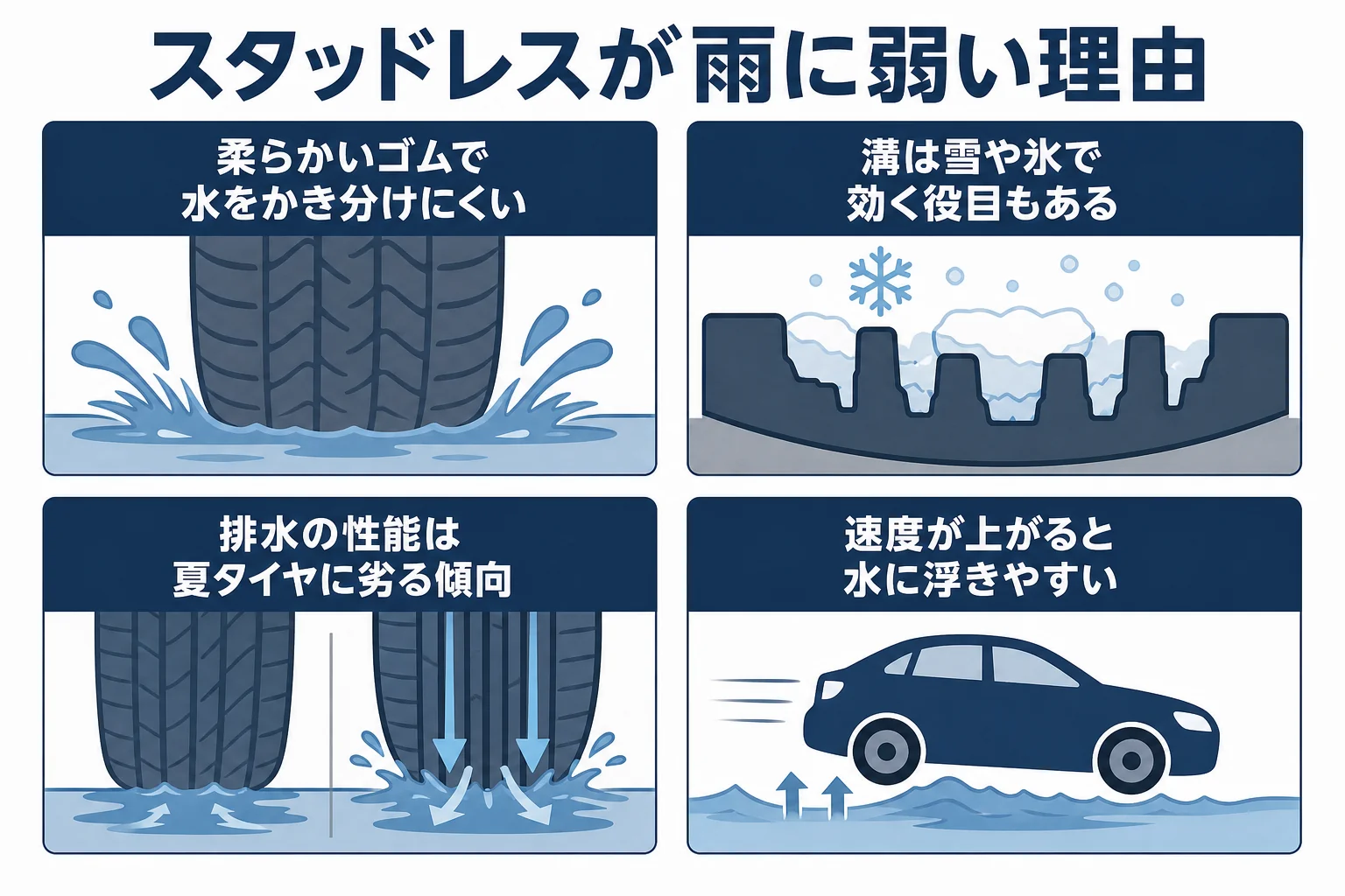 スタッドレスタイヤが雨に弱い理由をまとめた図解