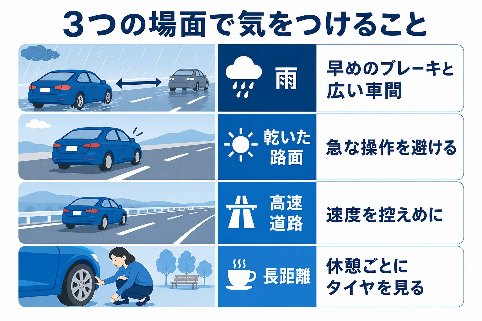 雨・乾いた路面・高速道路の3つの場面で、スタッドレスタイヤで気をつけることをまとめた図解