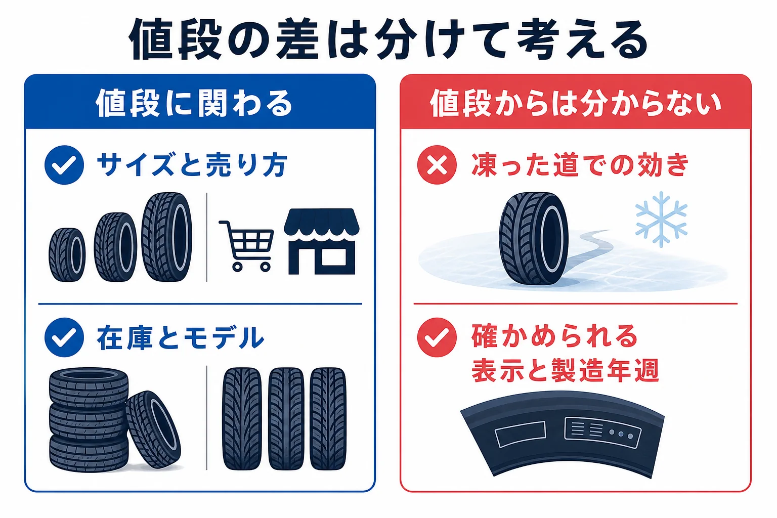 アジアンタイヤのスタッドレスの値段に関わる要素と値段からは分からないことを分けた図解