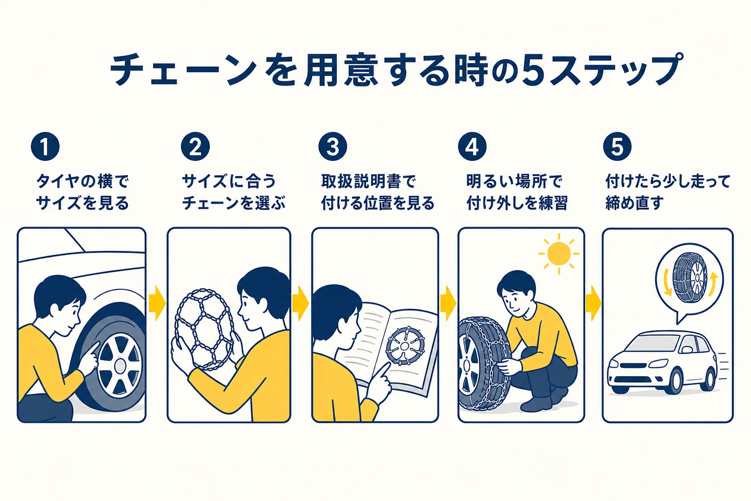 チェーンを用意する時の確認を順番に並べた図解