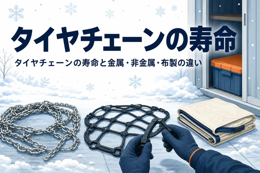 金属・非金属・布製のタイヤチェーンを点検する手元と、タイヤチェーンの寿命を紹介する記事タイトル