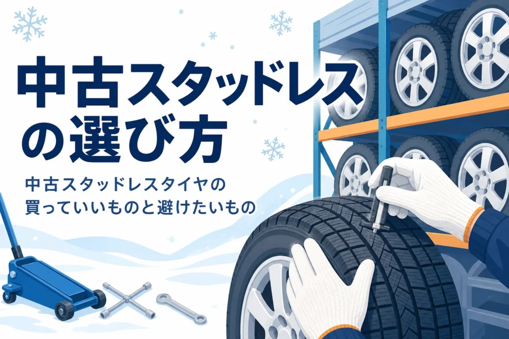 中古の冬用タイヤの側面と溝を確かめる手元と、中古スタッドレスタイヤの選び方を紹介する記事タイトル