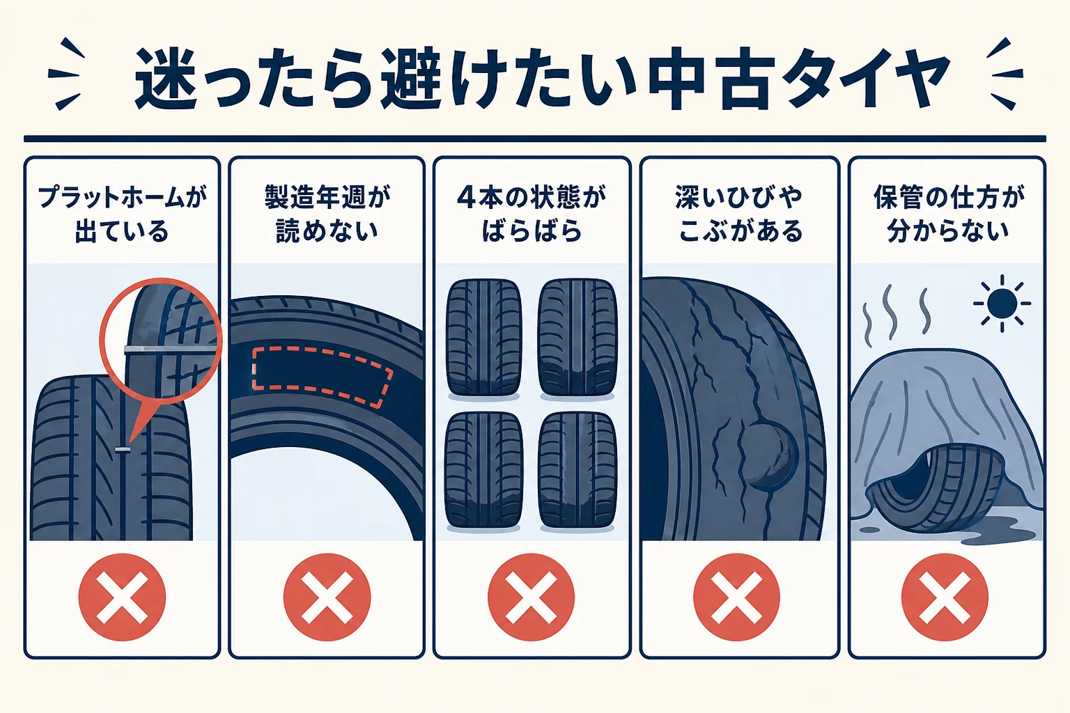 中古スタッドレスタイヤで迷った時に避けたい条件をまとめた図解