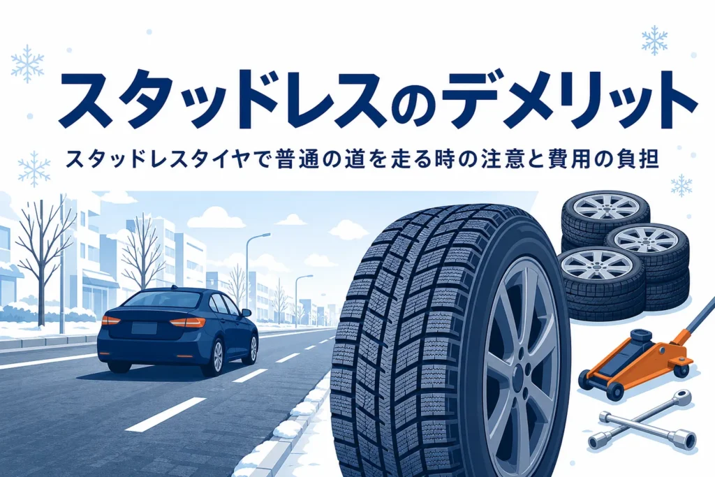 雪のない道を走る車と冬用タイヤ、スタッドレスタイヤのデメリットを紹介する記事タイトル