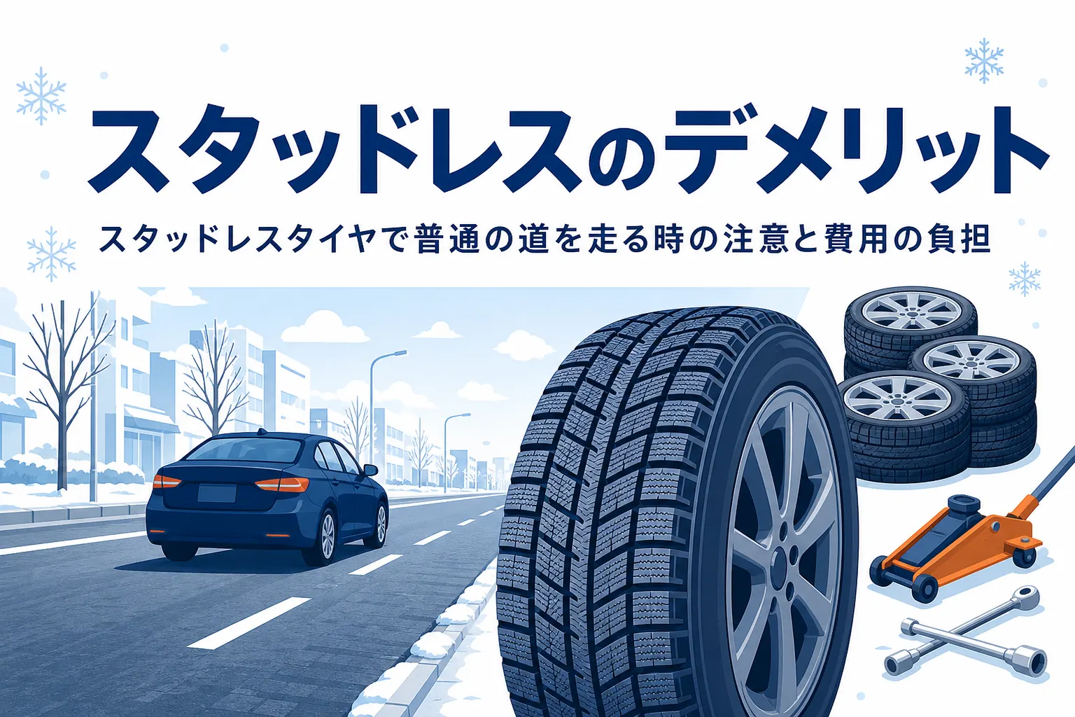 雪のない道を走る車と冬用タイヤ、スタッドレスタイヤのデメリットを紹介する記事タイトル