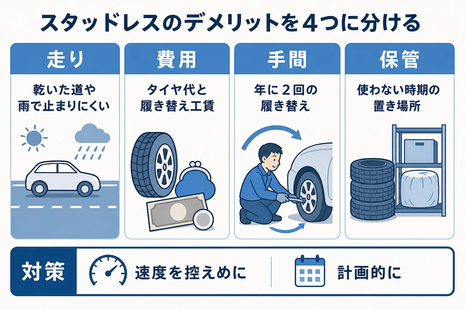 スタッドレスタイヤのデメリットを走り・費用・手間・保管の4つに分けた図解
