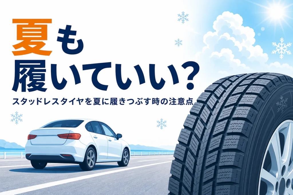 夏の舗装路に止まる車と冬用タイヤ、スタッドレスタイヤを夏に使う時の注意を紹介する記事タイトル