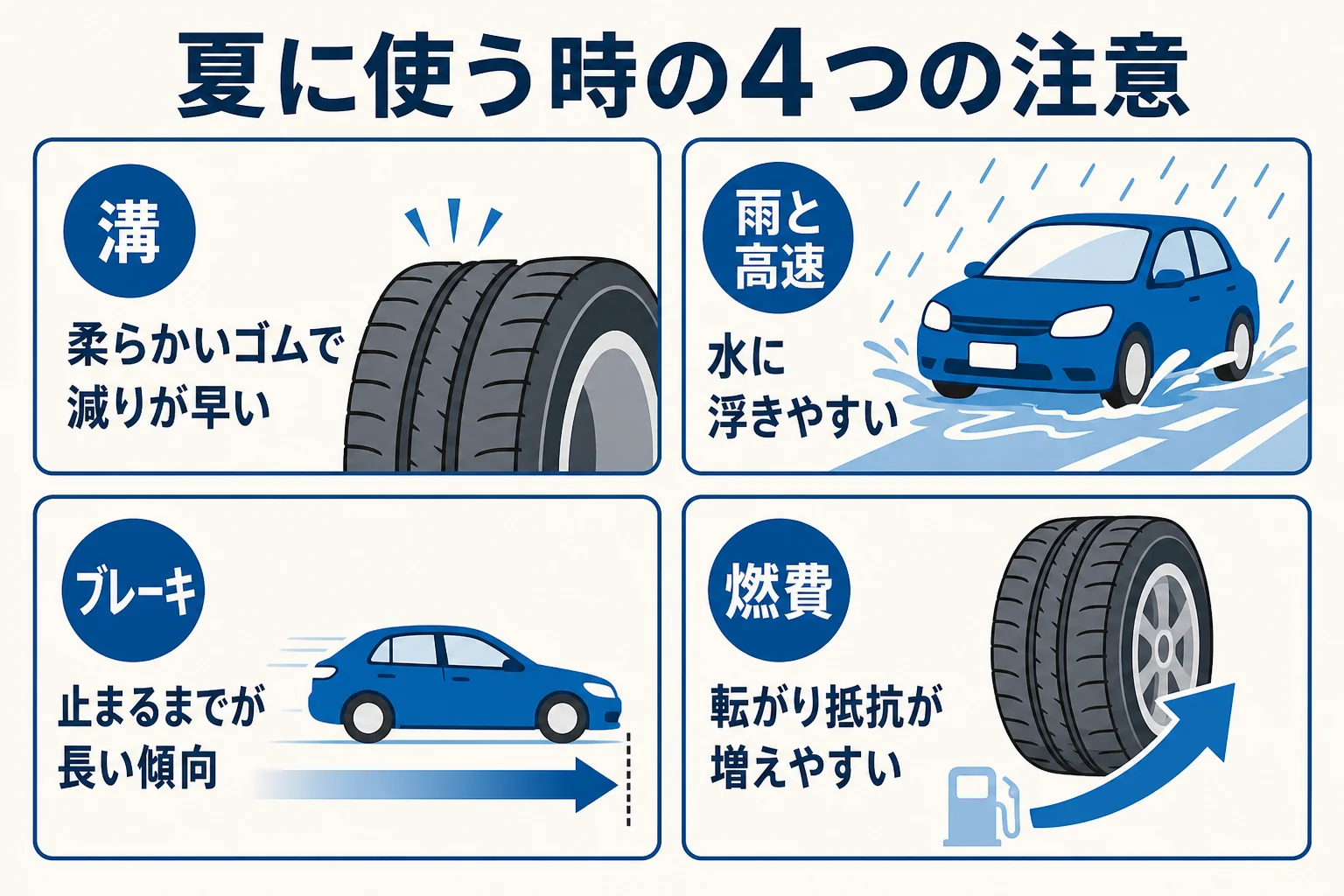 スタッドレスタイヤを夏に使う時の4つの注意をまとめた図解