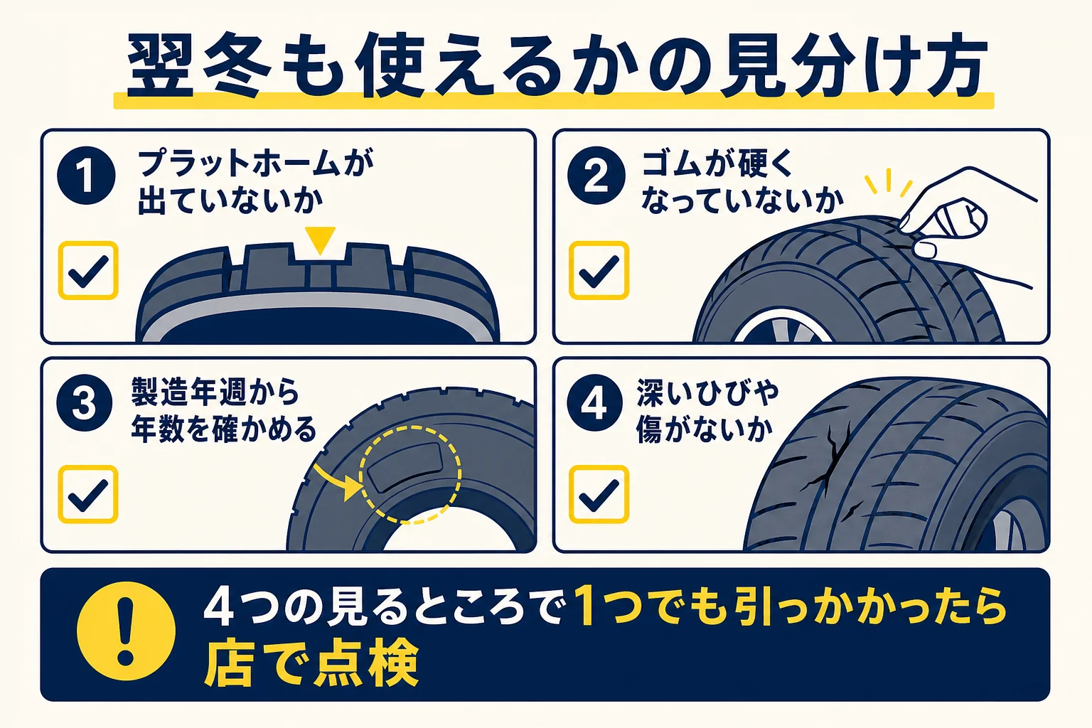夏に使ったスタッドレスタイヤを翌冬も使えるか判断する4つの見るところをまとめた図解