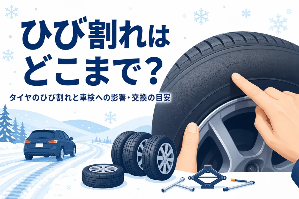 タイヤの側面の細かいひび割れを確かめる手元と、タイヤのひび割れと車検を紹介する記事タイトル