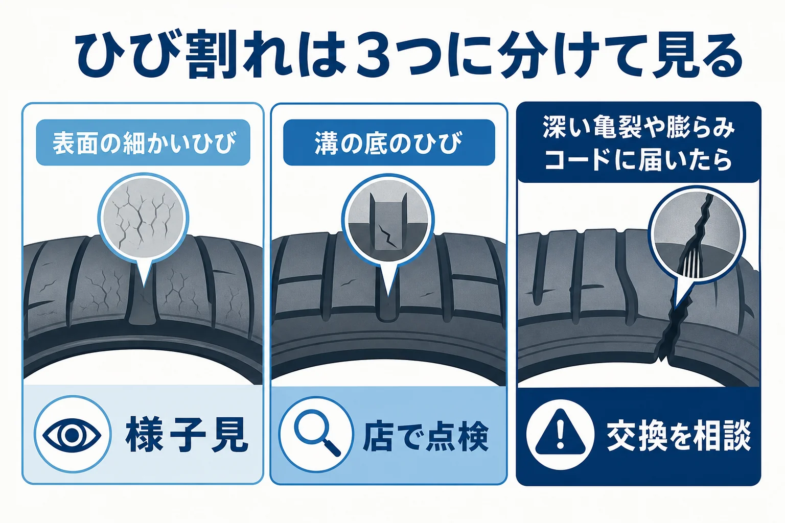 タイヤのひび割れを表面・溝の底・深い亀裂の3つに分けて行動を示した図解