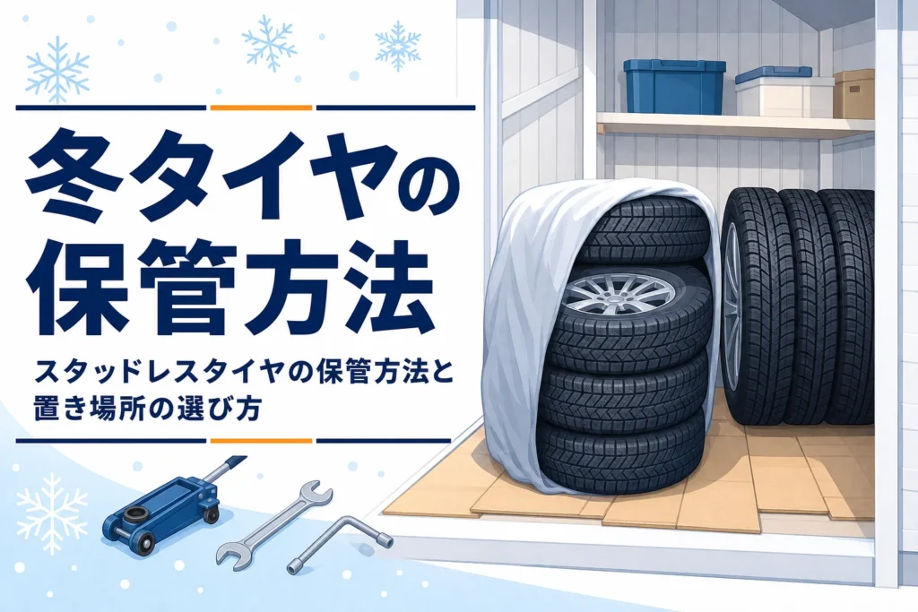 物置にカバーをかけて積んだ冬用タイヤと、スタッドレスタイヤの保管方法を紹介する記事タイトル