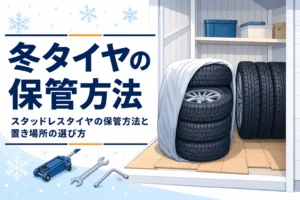 物置にカバーをかけて積んだ冬用タイヤと、スタッドレスタイヤの保管方法を紹介する記事タイトル
