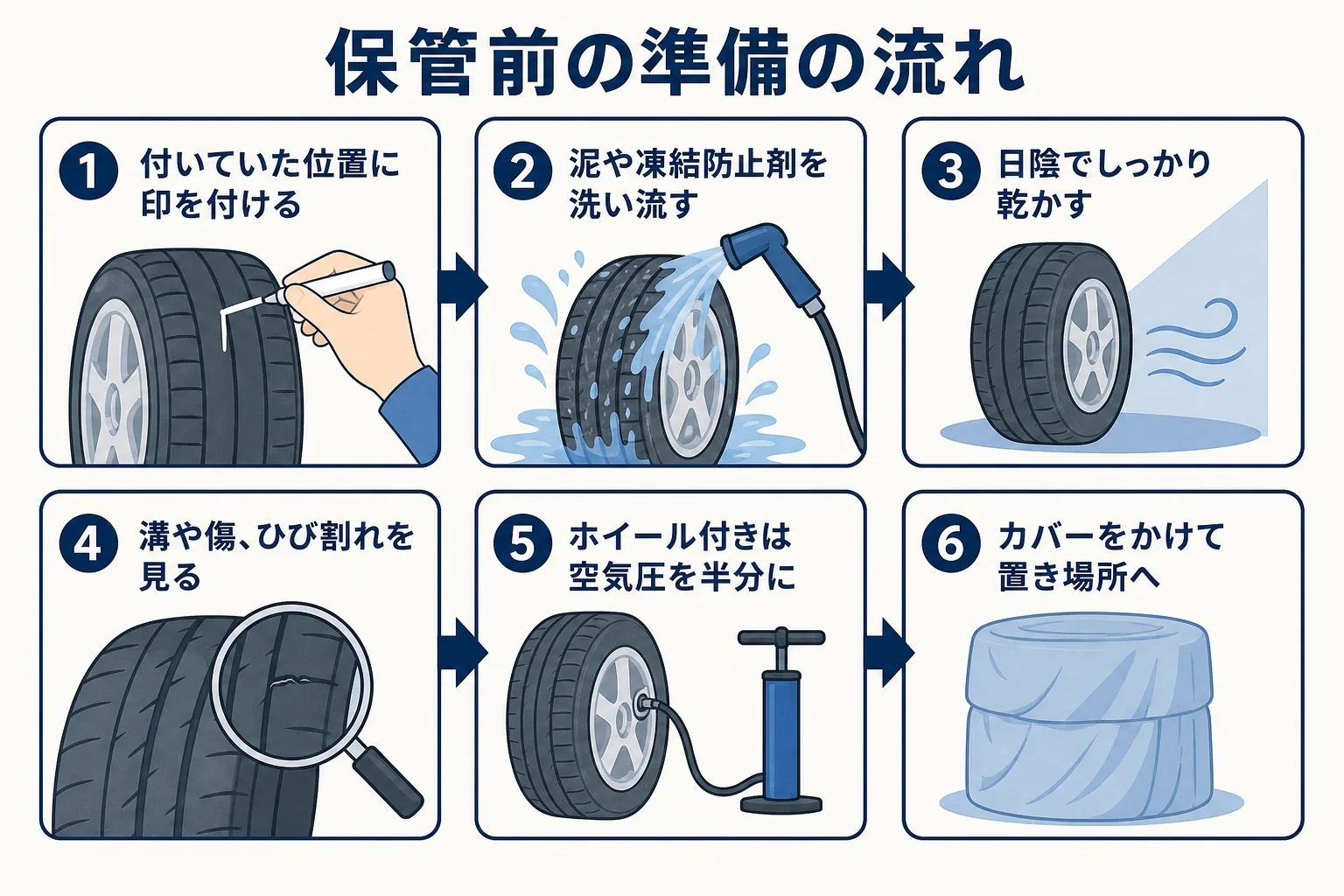 スタッドレスタイヤを保管する前の洗浄・乾燥・点検・空気圧・カバーの手順の図解