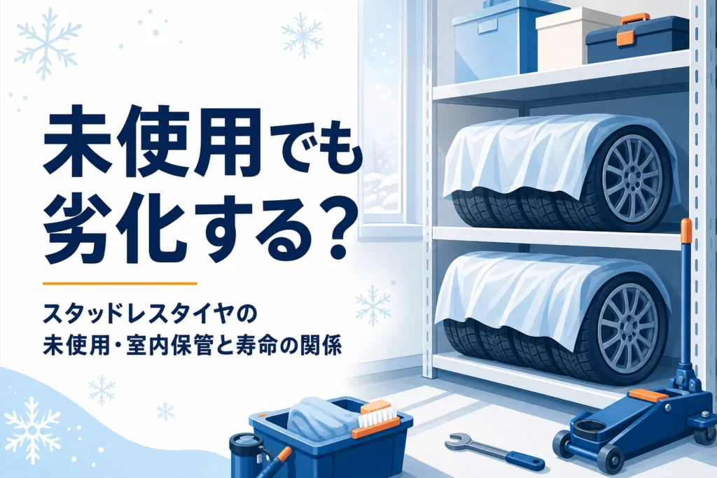 物置に保管された冬用タイヤと、未使用のスタッドレスタイヤの寿命を紹介する記事タイトル
