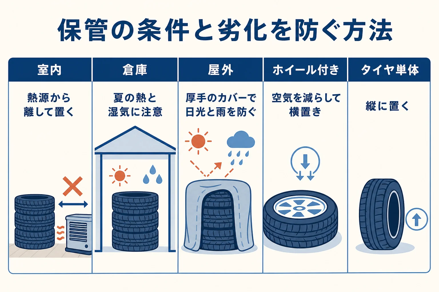 保管の条件ごとに、タイヤの劣化を進めるものと防ぐ方法をまとめた図解