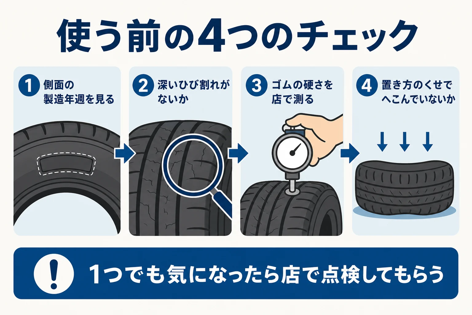 保管していたスタッドレスタイヤを使う前に確かめる4つのチェックをまとめた図解