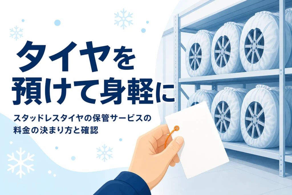 倉庫の棚に並んだ預かりタイヤと、スタッドレスタイヤの保管サービスを紹介する記事タイトル