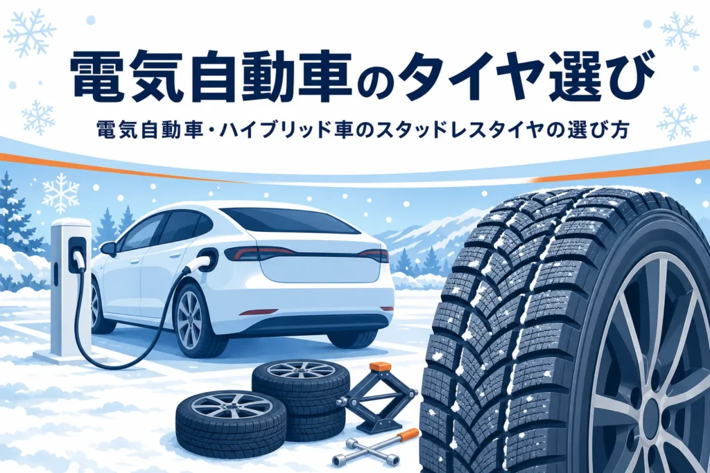 充電中の車と冬用タイヤ、電気自動車・ハイブリッド車のスタッドレスタイヤの選び方を紹介する記事タイトル