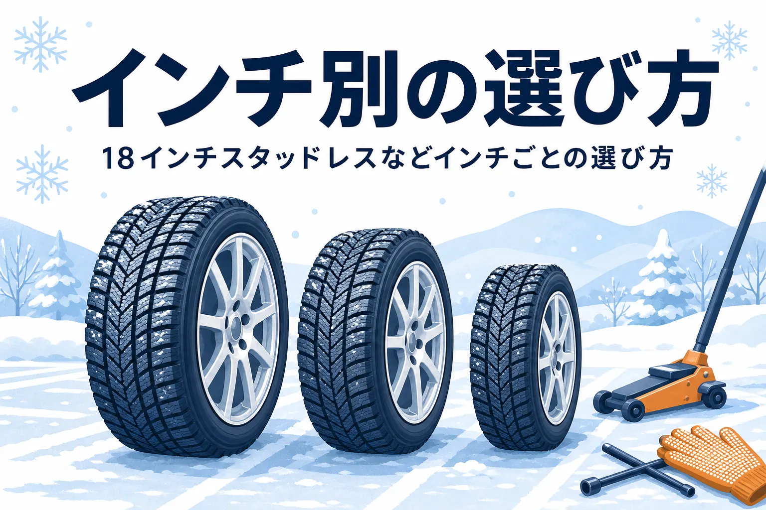 大きさの違うホイール付きの冬用タイヤと、スタッドレスタイヤのインチ別の選び方を紹介する記事タイトル