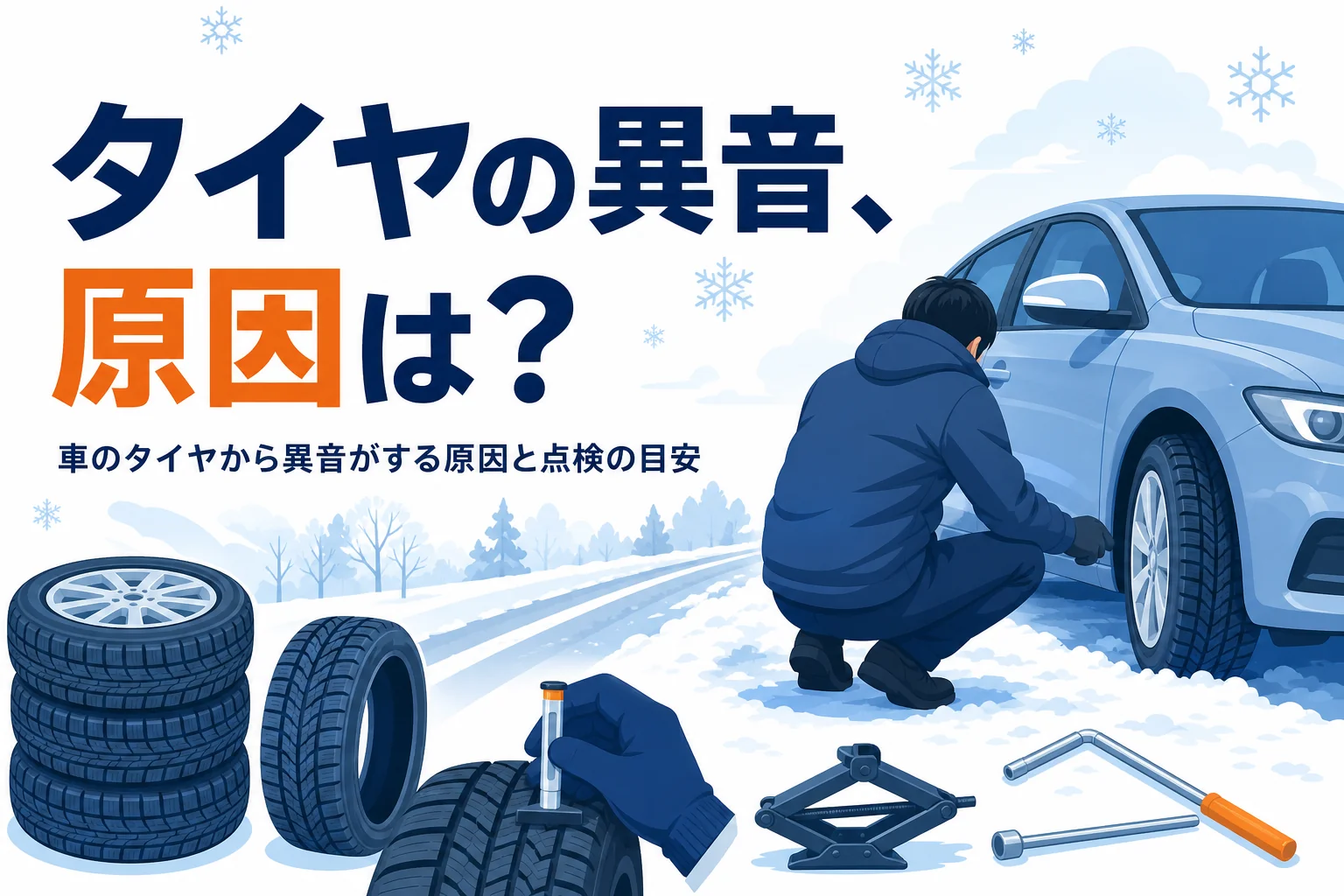 冬の路肩でタイヤをのぞき込む後ろ姿と、車のタイヤの異音の原因を紹介する記事タイトル