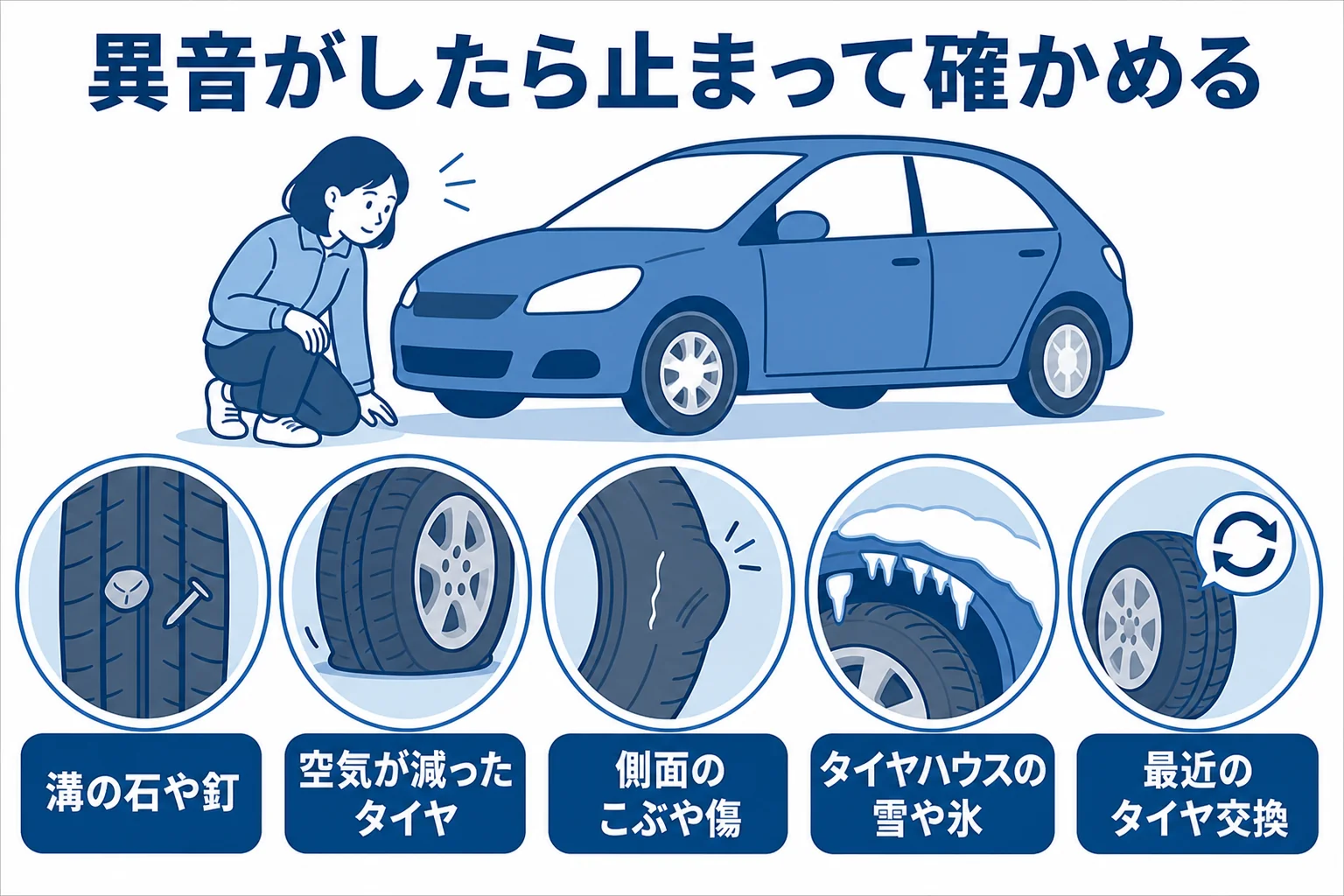 タイヤから異音がした時に止まって確かめる5つのポイントの図解