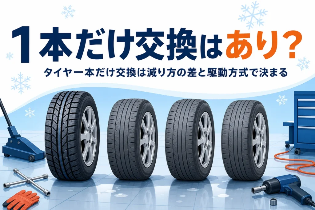 新品1本と使用中の3本のタイヤが並んだ様子と、タイヤを一本だけ交換する時の判断を紹介する記事タイトル
