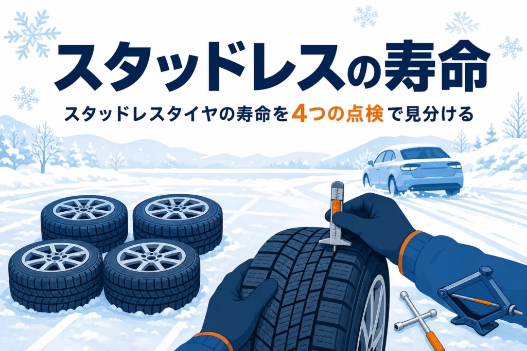雪の上に並ぶ冬用タイヤと溝を確かめる手元、スタッドレスタイヤの寿命を紹介する記事タイトル