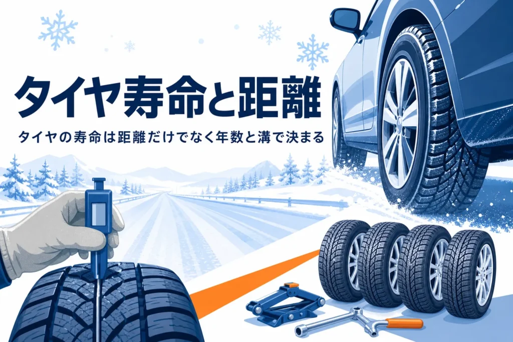 走る乗用車のタイヤと溝を測る手元、タイヤの寿命と距離を紹介する記事タイトル