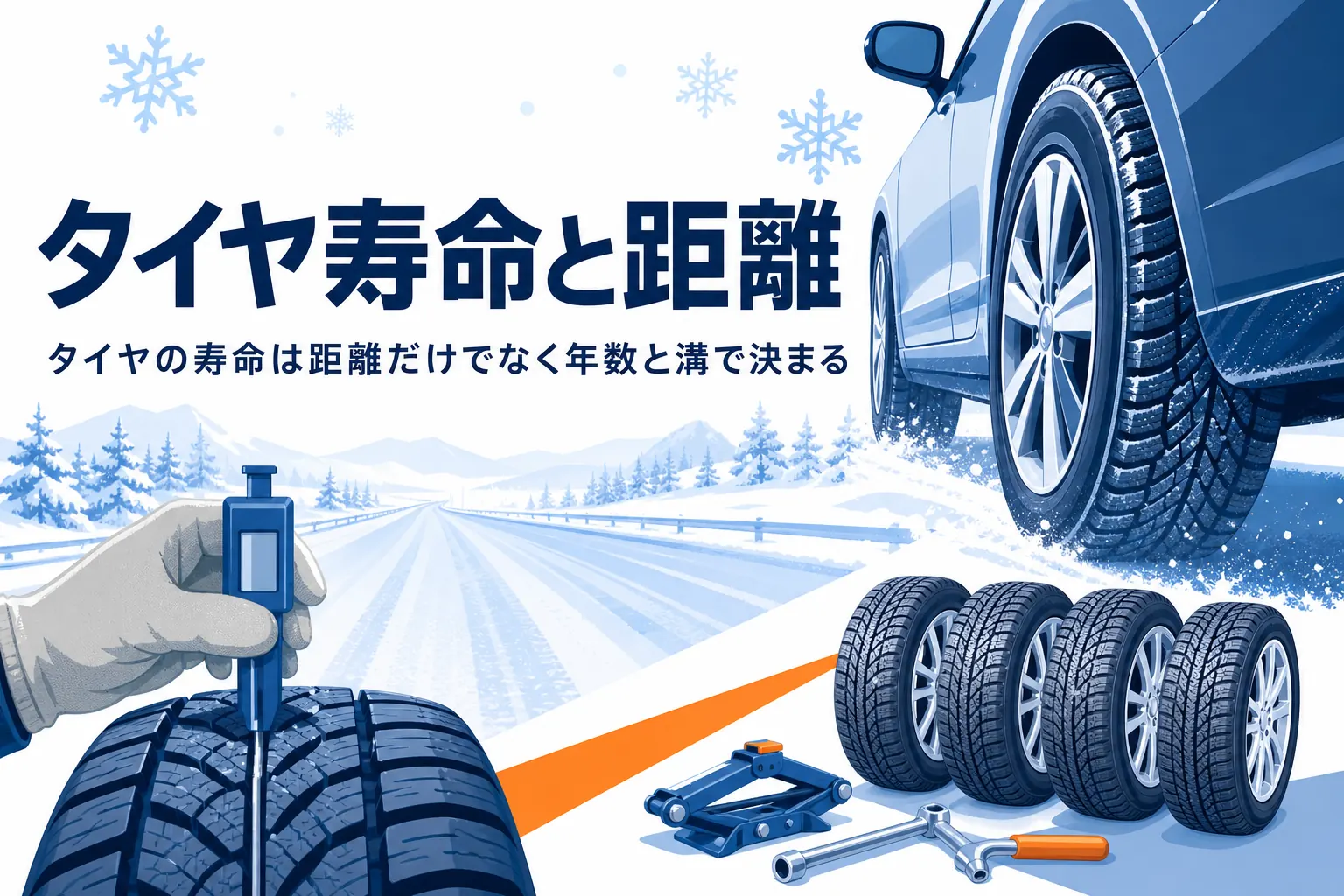 走る乗用車のタイヤと溝を測る手元、タイヤの寿命と距離を紹介する記事タイトル