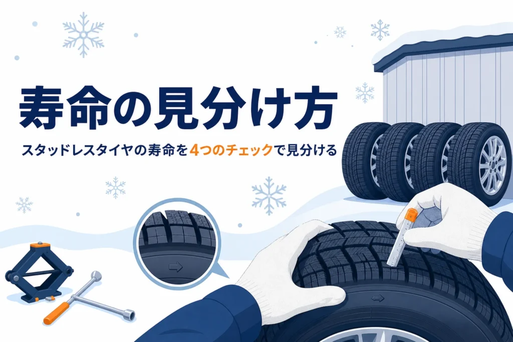 冬用タイヤの溝を確かめる手元と、スタッドレスタイヤの寿命の見分け方を紹介する記事タイトル