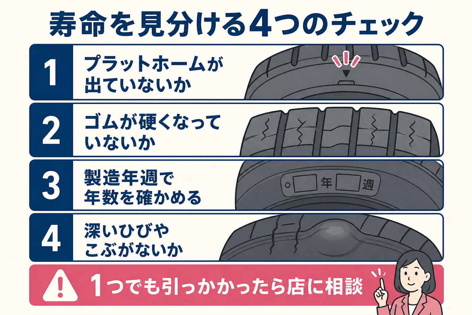 スタッドレスタイヤの寿命を見分ける4つのチェックを順番に示した図解