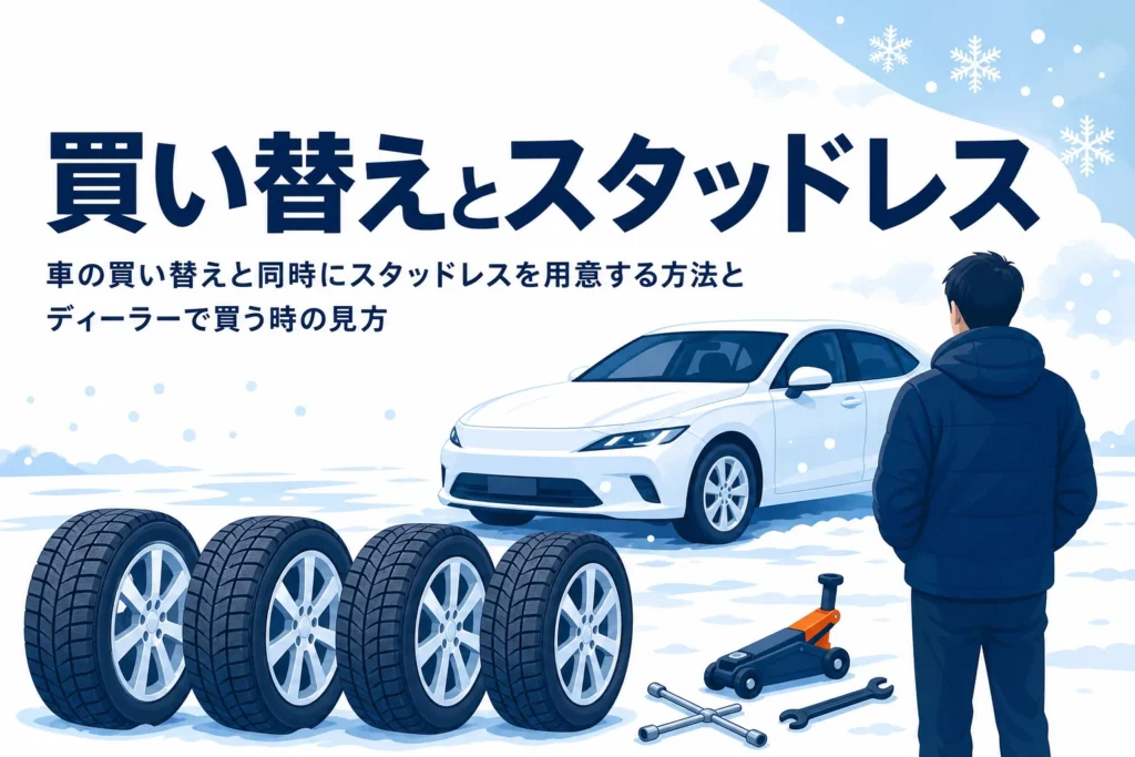 販売店の新しい乗用車と冬用タイヤに、車の買い替えと同時にスタッドレスを用意する方法を紹介する記事タイトル