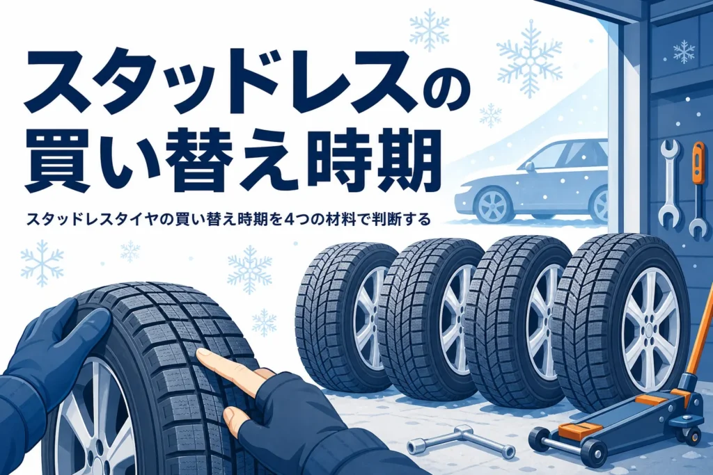 並べた冬用タイヤの溝を確かめる手元と、スタッドレスタイヤの買い替え時期を紹介する記事タイトル