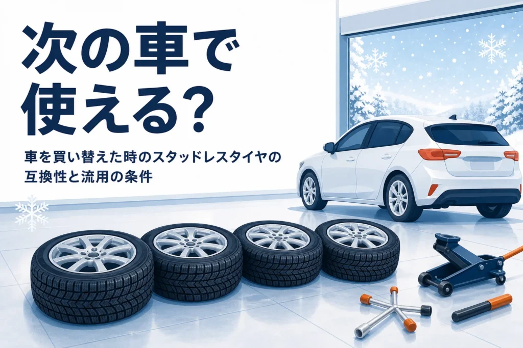 ガレージに並べたホイール付きスタッドレスタイヤと「次の車で使える？」の文字