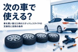 ガレージに並べたホイール付きスタッドレスタイヤと「次の車で使える？」の文字