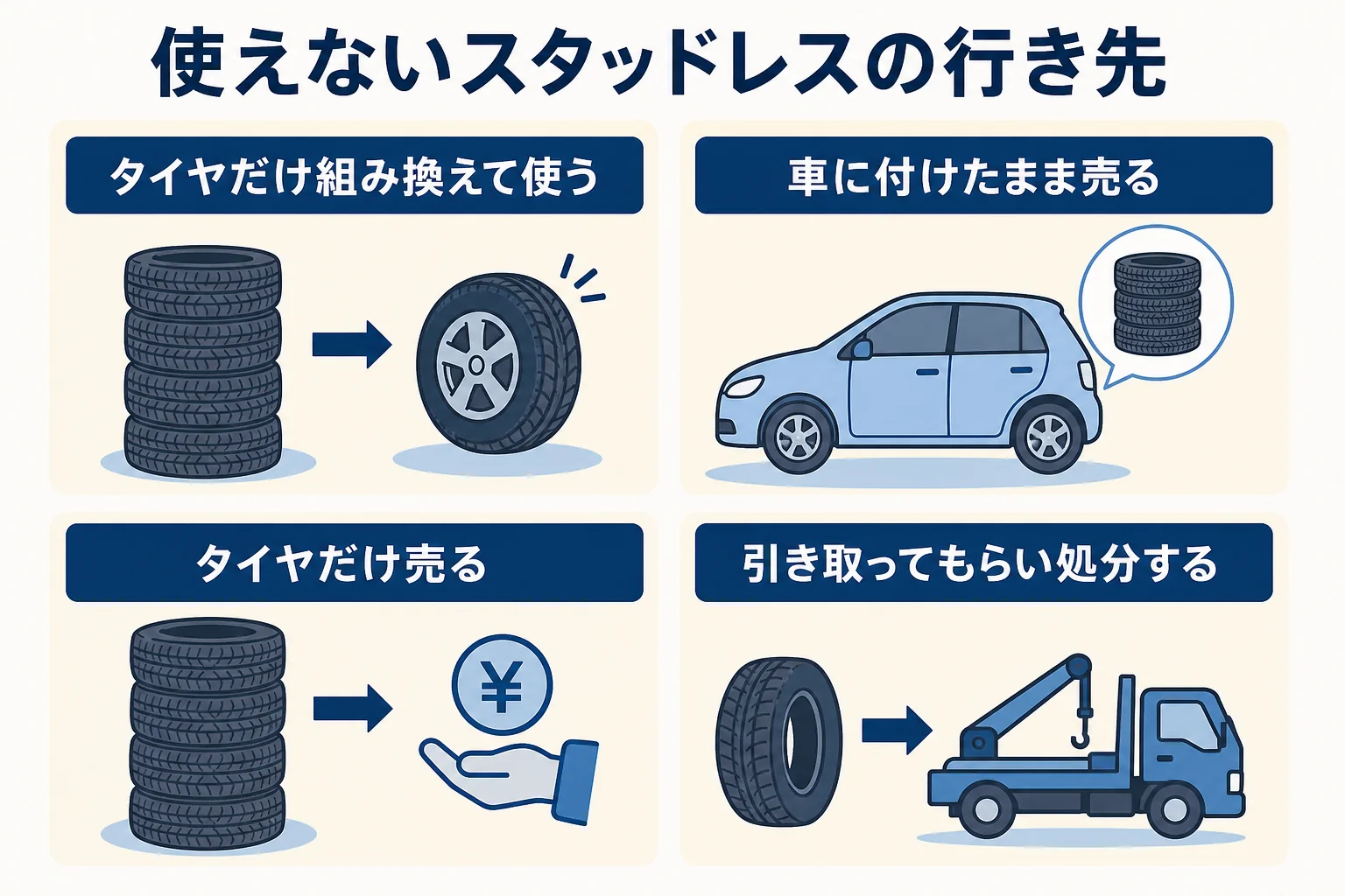 次の車で使えないスタッドレスの行き先を、付けたまま売る・タイヤだけ売る・処分するで比べた図解