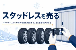 4本並べたホイール付きの冬用タイヤを撮影する手元と、スタッドレスタイヤの買取を紹介する記事タイトル