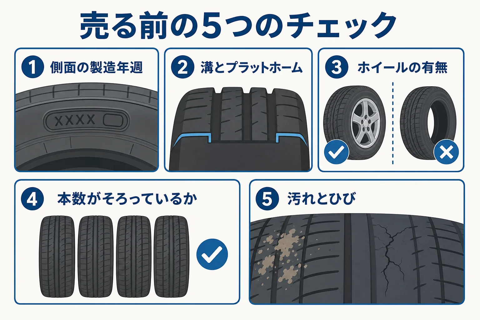 スタッドレスタイヤを売る前に確かめる5つのチェックをまとめた図解