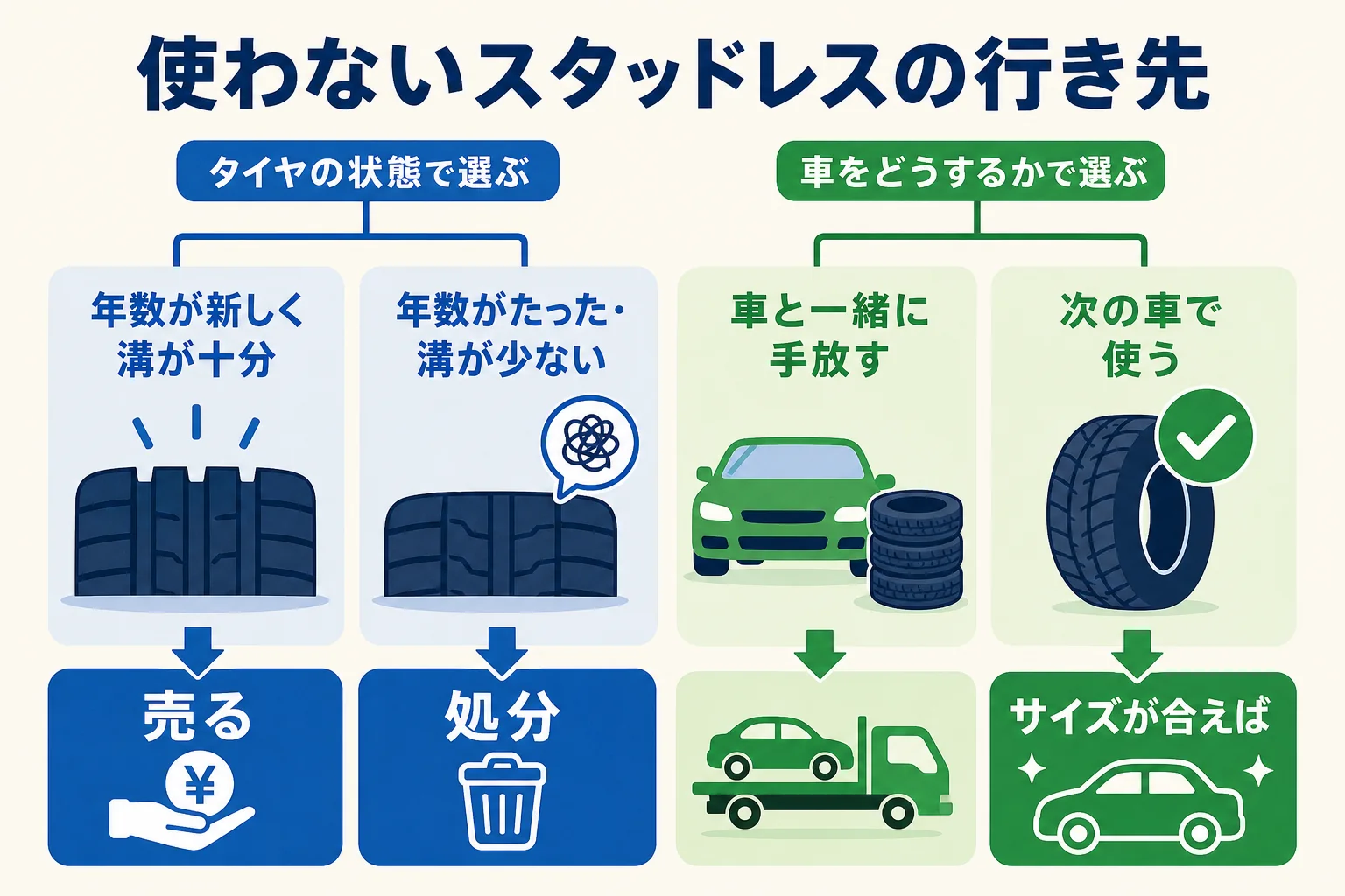 使わなくなったスタッドレスタイヤを売る・処分する・車と一緒に手放す・次の車で使うの4つで比べた図解