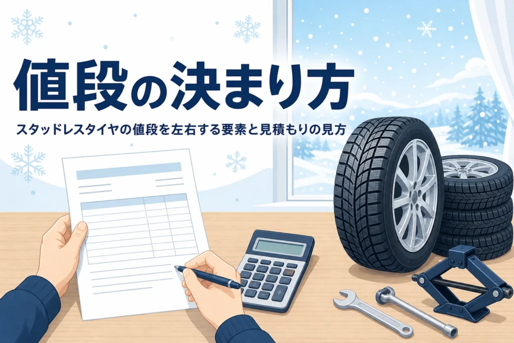 見積書と電卓、冬用タイヤが並ぶ様子に、スタッドレスタイヤの値段の決まり方を紹介する記事タイトル