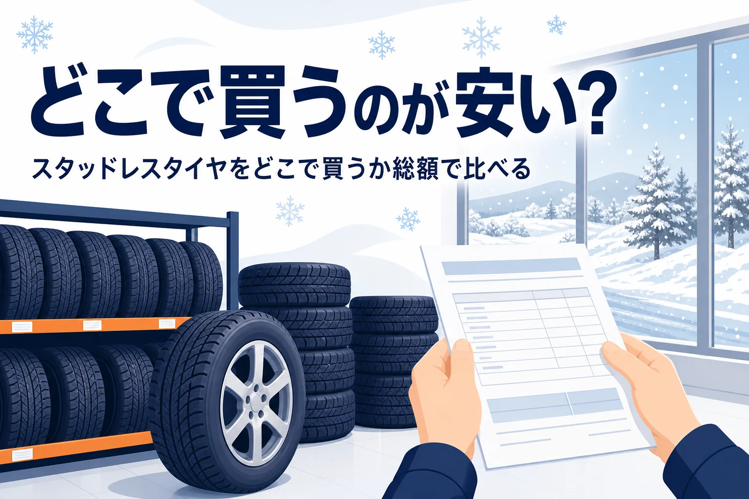 タイヤ売り場の冬用タイヤと見積書を持つ手元に、スタッドレスタイヤをどこで買うかを紹介する記事タイトル