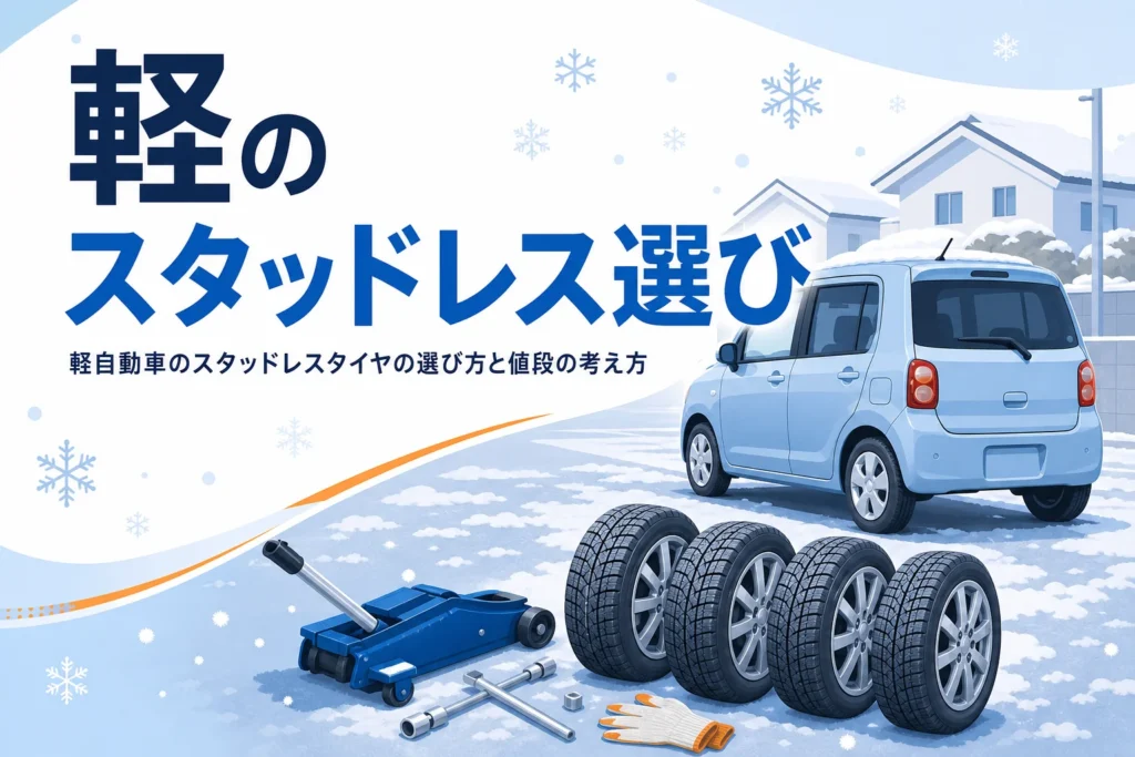 小さめの車とホイール付きの冬用タイヤ4本、軽自動車のスタッドレスタイヤの選び方を紹介する記事タイトル