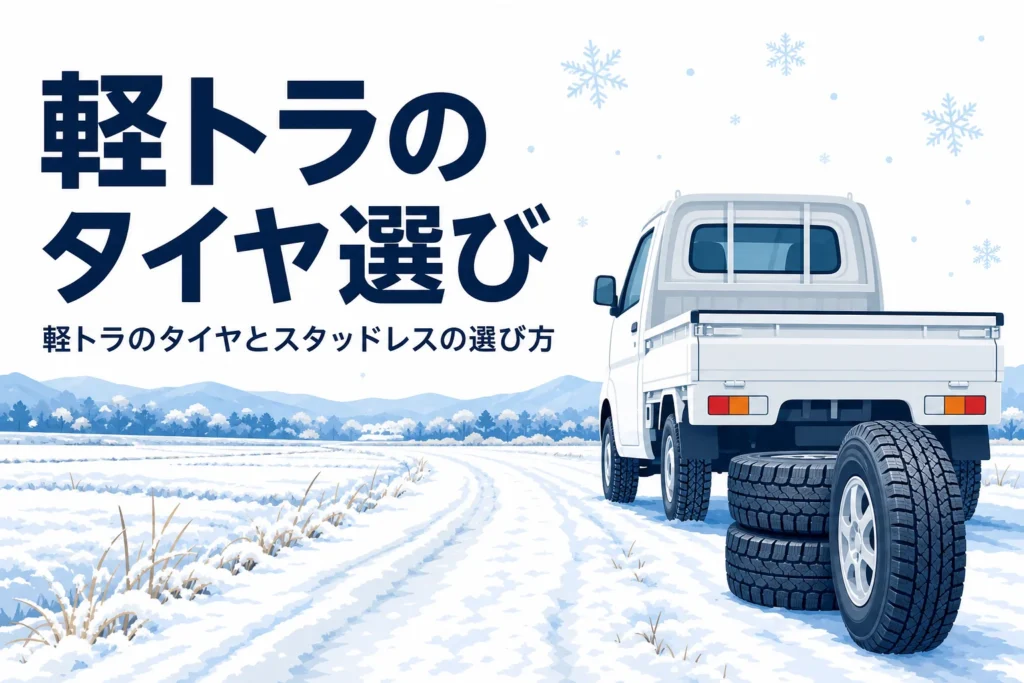 雪の農道に止めた小さなトラックと冬用タイヤ、軽トラのタイヤとスタッドレスの選び方を紹介する記事タイトル