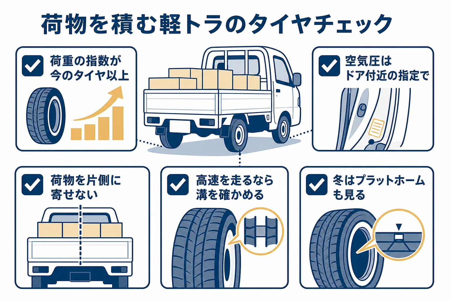 荷物を積む軽トラのタイヤで確かめるロードインデックス・空気圧・積み方・溝のチェック表の図解