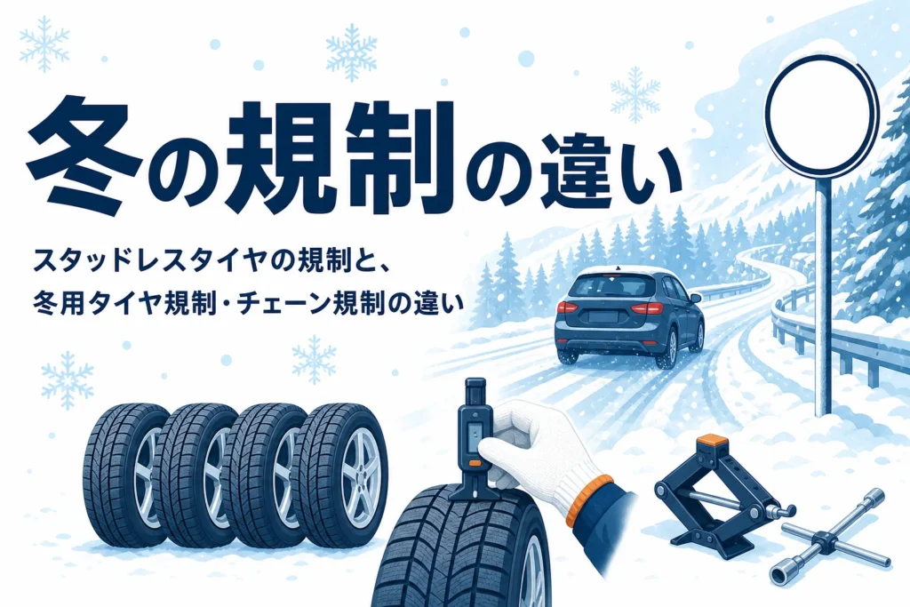 雪の山道を走る乗用車と空白の標識、「冬の規制の違い」の文字
