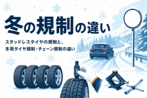 雪の山道を走る乗用車と空白の標識、「冬の規制の違い」の文字